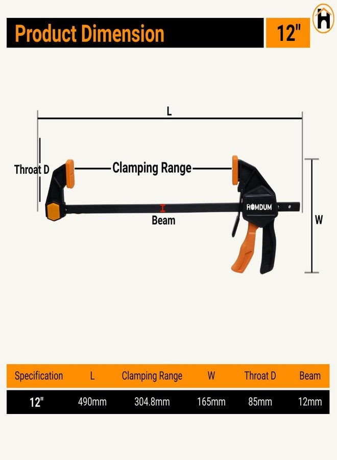Homdum 12 inch Quick Grip Bar clamp for woodworking One-Handed Release F type Ratchet clamp wood working size 300 x 63 mm with Durable Nylon Handle & scratch proof rubber grip Pack of 2pc - Image 2